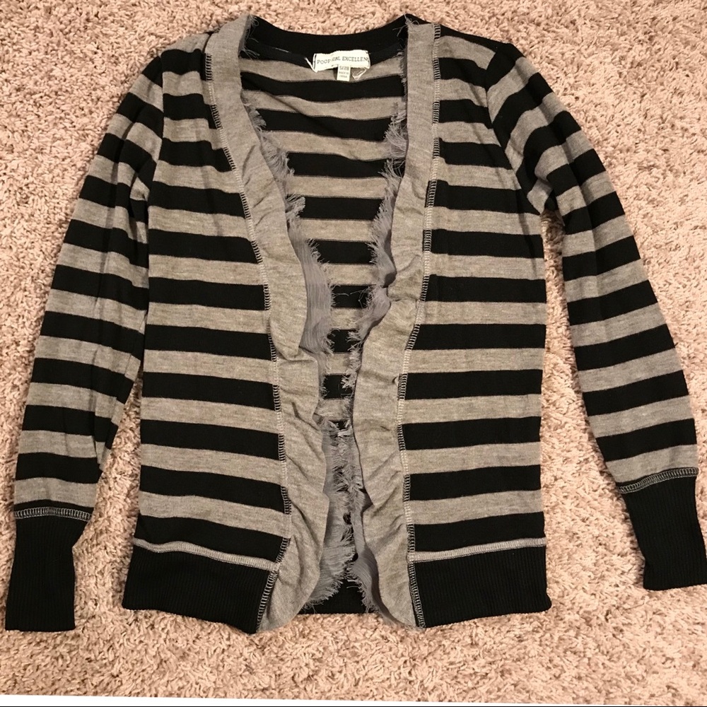 Poof Girl Small 7/8 Black & grey striped cardigan
